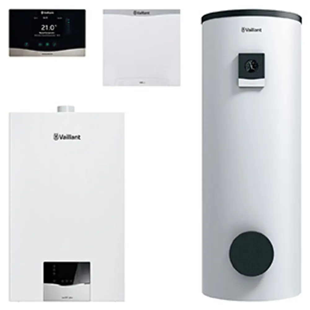 Vaillant Heizsystem bestehend aus einem kompakten Gerätemodul, einem wassererwärmenden Speicher und einem Bedienelement zur Temperaturregelung, alles in weißem Design.
